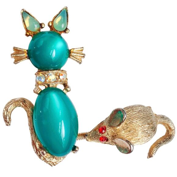 VTG 1950s Brooch Moonglow Glass Cat Mouse AB Gold Tone Figural Mid Century - Picture 1 of 8